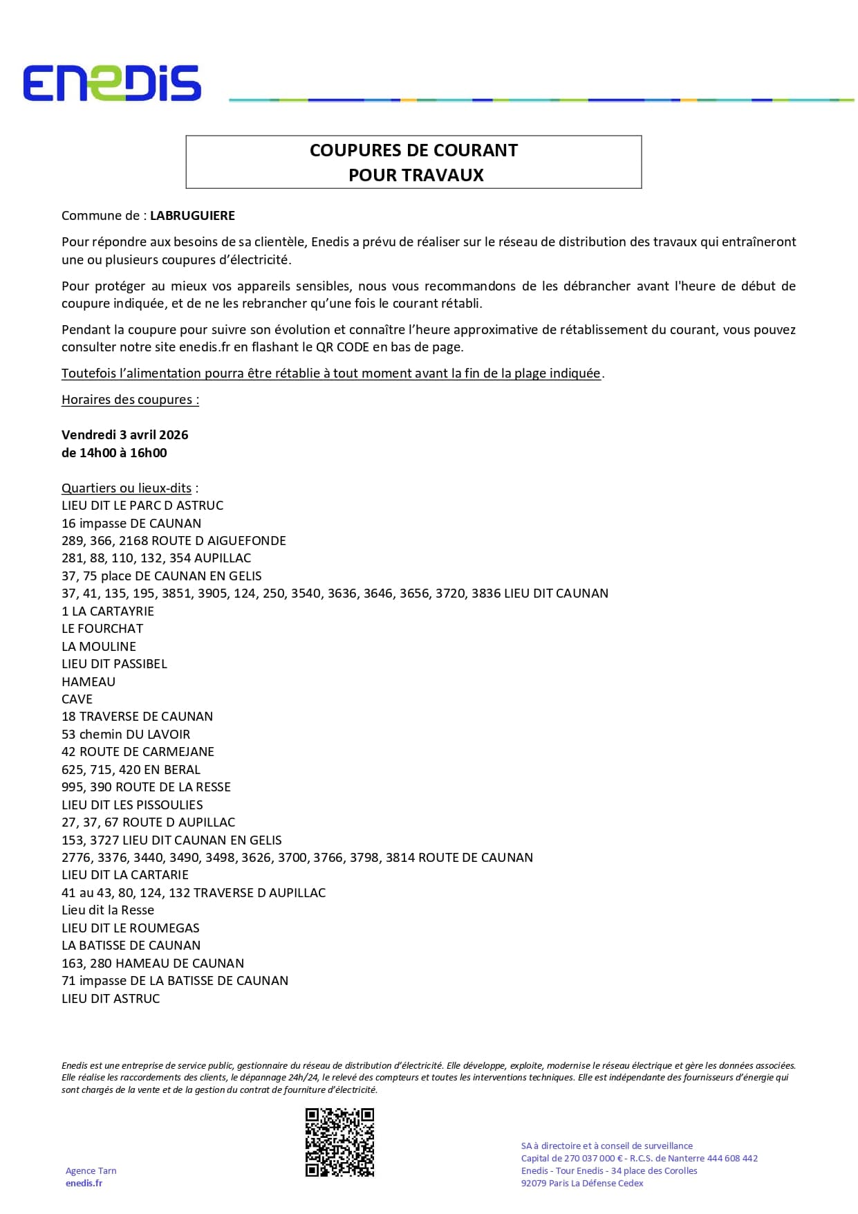 COUPURE DU 3 AVRIL 2026 APRES-MIDI