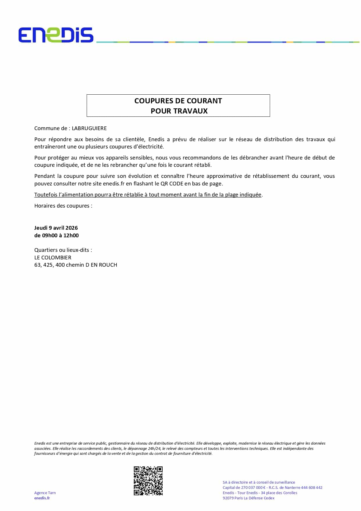 COUPURE DU 9 AVRIL 2026